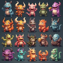A grid of 24 colorful, cartoonish monsters with horns, claws, and exaggerated features, arranged in four rows.
