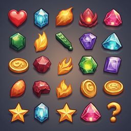 A grid of 24 colorful jewels, coins, and star-shaped objects arranged against a dark gray background.
