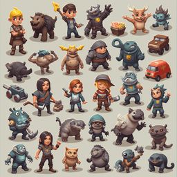 A grid of 24 colorful, unique creatures with diverse appearances and actions, arranged against a light gray background.