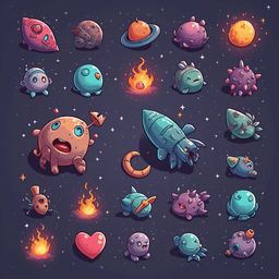A grid of 24 colorful, whimsical creatures with unique features and expressions, set against a dark blue space background with stars and planets.