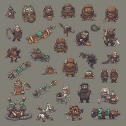 A grid of 24 illustrated creatures, dressed in brown and green, features diverse poses and accessories, including weapons, hats, and scarves.