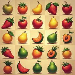 A grid of 24 illustrated fruits includes apples, pears, strawberries, watermelons, oranges, and peaches.