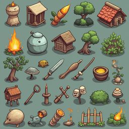 A grid of 24 isometric illustrations features various objects and structures in earth tones, ranging from simple to elaborate.