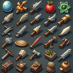 A grid of 24 isometric illustrations showcases various objects and weapons, including swords, axes, spears, shields, bowls, apples, and a blue orb.