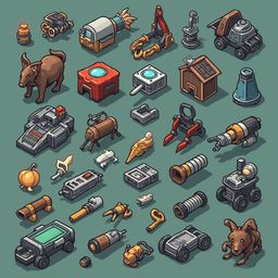A grid of 24 isometric illustrations showcases a diverse range of objects and creatures, including animals, vehicles, and tools.