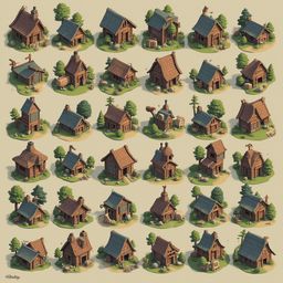A grid of 24 miniature wooden houses with varying roof styles and features, arranged on grassy terrain.