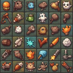 A grid of 24 pixel art creatures, varying in size and color, features diverse accessories and weapons.