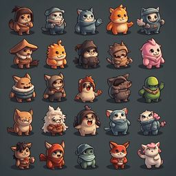 A grid of 24 stylized cartoon animals and creatures, each with unique features and outfits, stands out against a dark gray background.