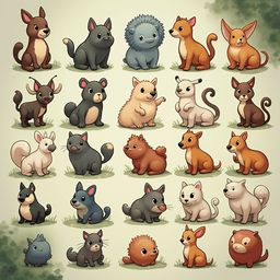 A grid of 24 stylized cartoon animals in various colors and poses, facing different directions.