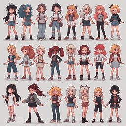 A grid of 24 stylized young women in various outfits, ranging from casual to formal, stands against a light gray background.