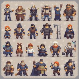 A grid of 24 unique cartoon characters, each with distinct clothing and accessories, stands against a light blue-gray textured background.