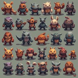 A grid of 24 unique, cartoon-style creatures with diverse features and colors, arranged in four rows and six columns.