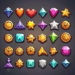 A grid of 24 unique, colorful gems in various shapes and hues, arranged against a dark gray background.