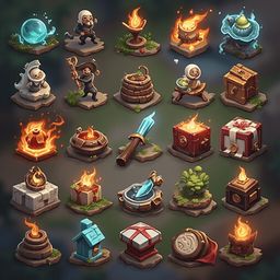 A grid of 24 unique game-related objects, each with distinct features and colors, arranged against a dark background.