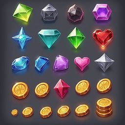 A grid of 24 unique gemstones and gold coins, each with distinct shapes, colors, and symbols, is arranged against a dark gray background.