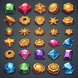 A grid of 24 unique gold-colored gemstones and charms, each with distinct shapes and colors, is displayed against a black background.