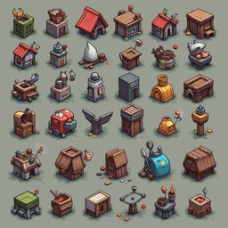 A grid of 24 unique, pixel art houses in various styles and colors, arranged in four rows and three columns.