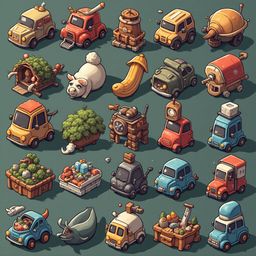 A grid of 24 unique vehicles, ranging from cars to trains and houses, showcases a playful and whimsical aesthetic.