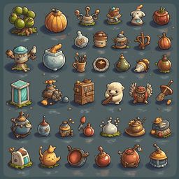 A grid of 24 unique, whimsical objects in various shapes, sizes, and colors, arranged against a dark gray background.