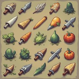 A grid of 25 illustrated objects includes plant-like structures, animal heads, tools, and fruits.