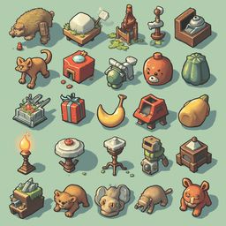 A grid of 25 isometric illustrations features various objects and animals in a playful, cartoonish style.