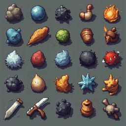 A grid of 25 pixel art creatures, each unique in color and form, stands ready for interaction against a simple gray background.