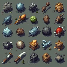 A grid of 25 pixel art objects includes spheres, cylinders, swords, and boxes, arranged in rows and columns.