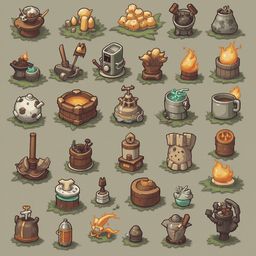 A grid of 25 unique icons, ranging from kitchen appliances to mystical objects, features warm colors and whimsical designs.