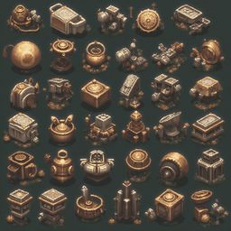 A grid of 25 unique, intricately designed structures in gold, silver, and bronze, showcases advanced engineering and artistry.