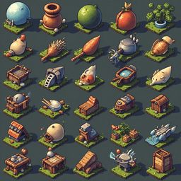 A grid of 25 unique isometric illustrations features objects and structures in various colors and textures, set against earthy tones.