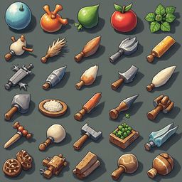 A grid of 25 unique objects, ranging from tools to fruits and plants, is displayed against a solid gray backdrop.