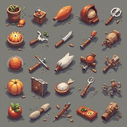 A grid of 25 unique objects, ranging from tools to fruits and containers, features warm colors and whimsical designs.