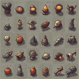 A grid of 25 unique, stylized objects features various shapes, colors, and textures, including lanterns, bowls, bottles, and figurines.