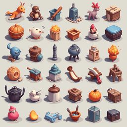A grid of 25 unique, whimsical objects features animals, buildings, kitchenware, and tools, showcasing a playful and imaginative collection.