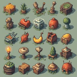 A grid of 25 unique whimsical objects, ranging from fruits and plants to miniature structures and animals, rests on a muted green background.