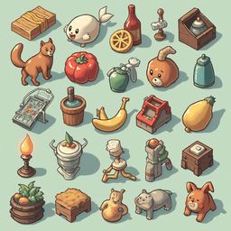 A grid of 25 whimsical, cartoon-style objects features a cat, fish, plump tomato, bottle, lamp, cake, banana, chest, candle, pot, figurine, hippopotamus, and dog.