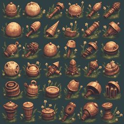 A grid of 25 wooden objects, varying in shape and size, features natural lines, textures, and warm hues against a dark green background.