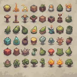 A grid of 32 colorful, whimsical, and unique plant and object illustrations, ranging from simple shapes to fantastical creatures, fills a beige background.