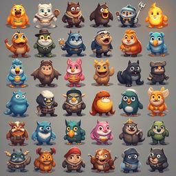 A grid of 32 colorful, whimsical cartoon characters with unique features and attire, arranged against a muted gray background.