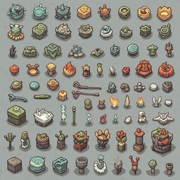 A grid of 32 isometric illustrations features various objects and creatures in vibrant colors, ranging from abstract shapes to realistic architectural elements.