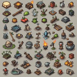 A grid of 32 isometric illustrations features various objects and scenes, including fruits, tools, buildings, and plants.