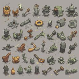 A grid of 32 unique cartoon-style objects, ranging from robots to animals, features bright colors, whimsical designs, and scattered textures.