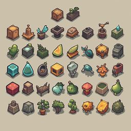 A grid of 32 unique, colorful, and whimsical objects, including plants, vases, and figurines, arranged against a light beige backdrop.