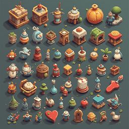 A grid of 32 unique, whimsical houses and buildings in various colors, shapes, and sizes, arranged in a playful and imaginative composition.
