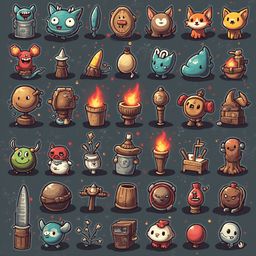 A grid of 32 whimsical, cartoon-style objects features various shapes, colors, and actions, including creatures, tools, and flames.