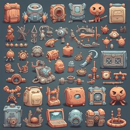 A grid of 36 unique, cartoon-style robots and creatures in various shapes, sizes, and colors, arranged against a dark gray background.