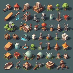 A grid of 36 unique, colorful buildings with diverse features is displayed against a dark gray background.
