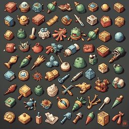 A grid of 72 colorful and uniquely shaped game pieces, ranging from boxes to swords, arranged against a dark background.