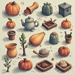 A grid of autumn-themed objects features pumpkins, teapots, cacti, pots, and wooden boxes, all scattered across a beige backdrop.