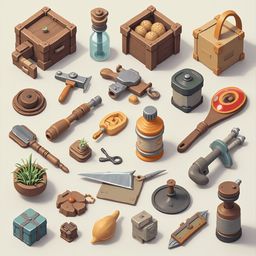 A grid of colorful 3D-rendered objects, including boxes, bottles, tools, and containers, arranged on a beige background.